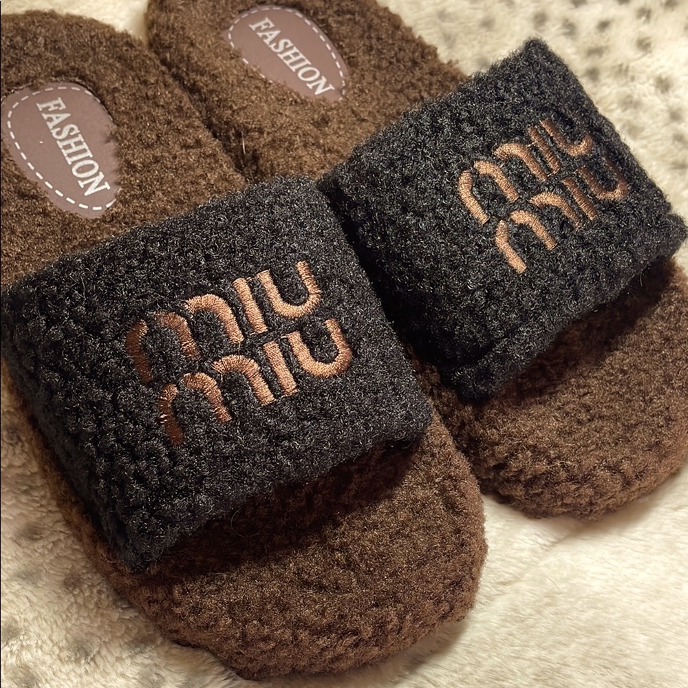 Brown and Black Fuzzy Slides with MIU letters